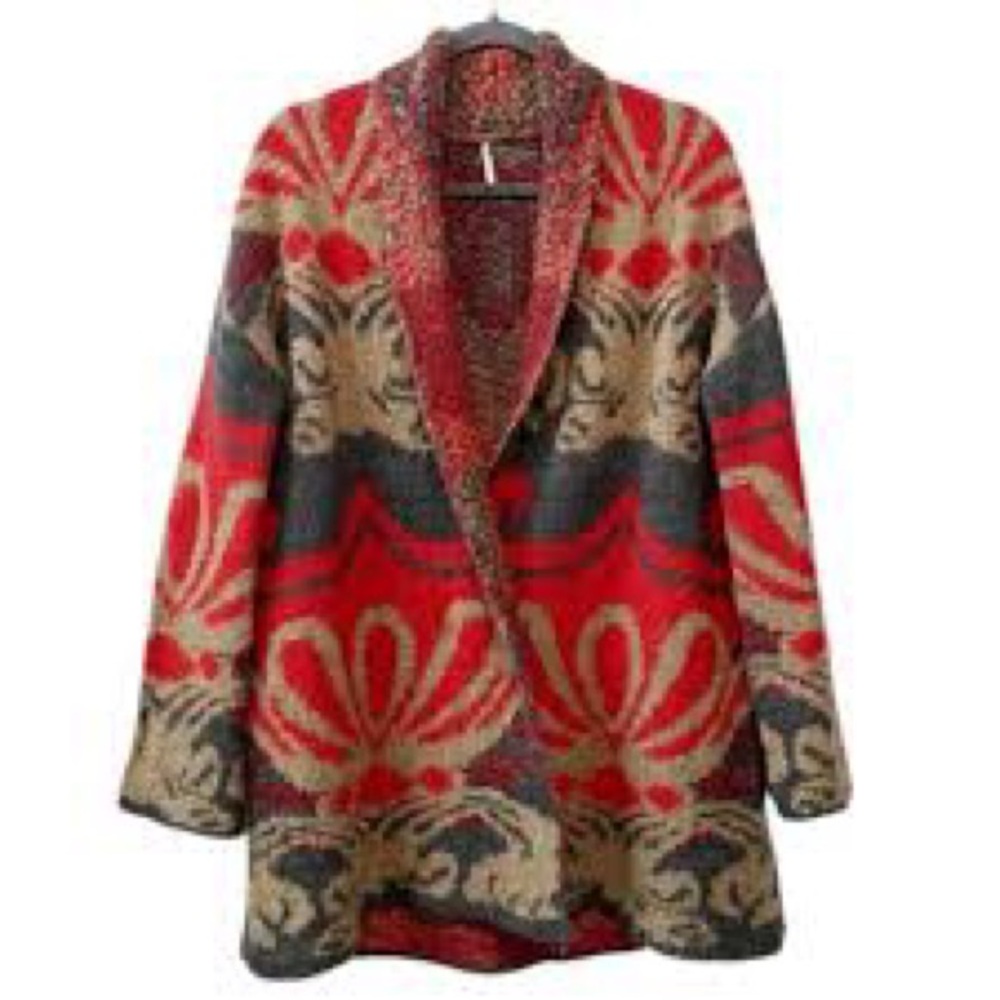 Free People Vibrant Red and Tan Cardigan